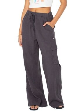 Roxy Women's Wide Leg Cargo Pants - Charcoal Gray Gauze